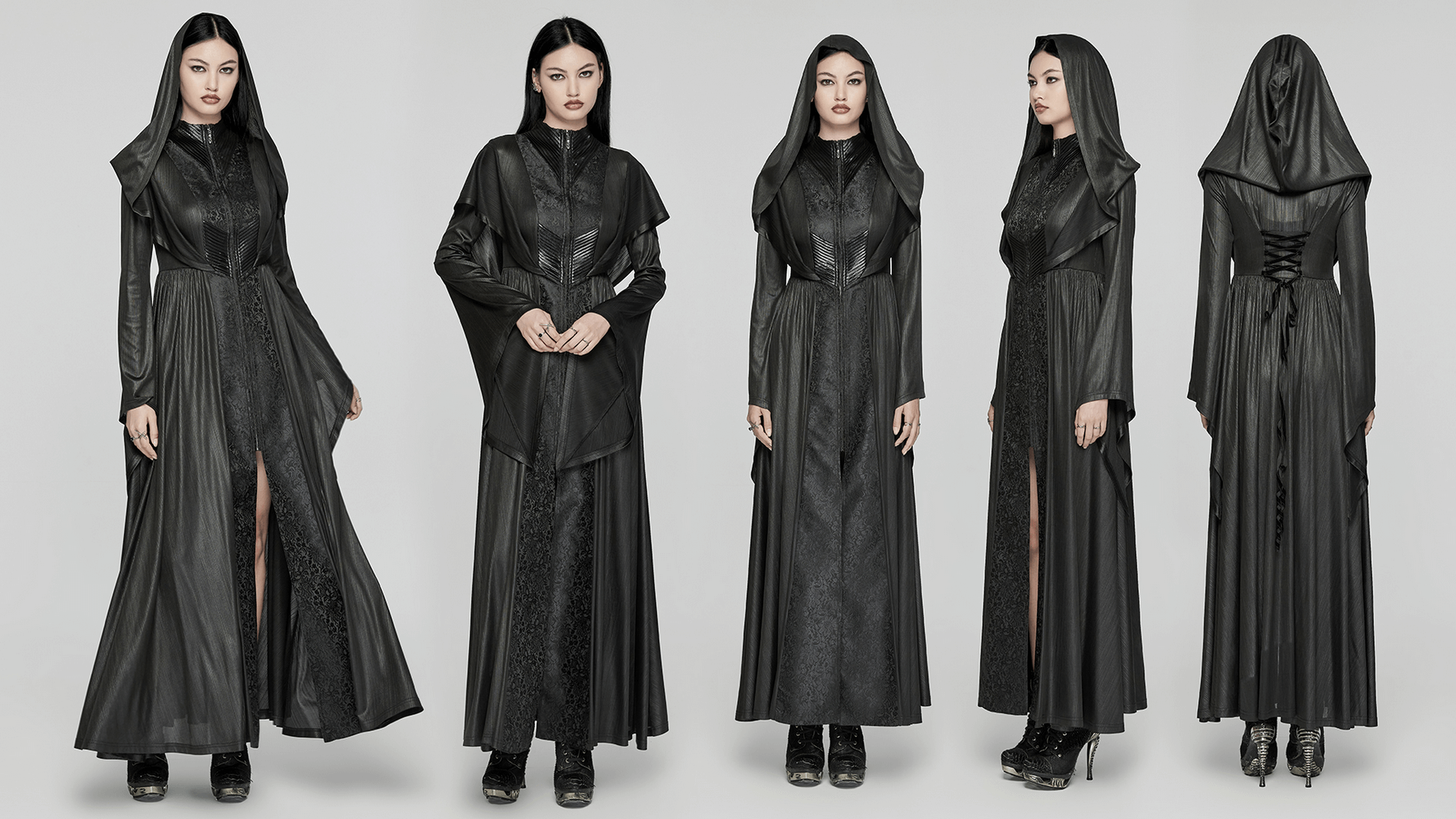 Gothic Dark Witch Hooded Cloak with 3D Pleats and Jacquard in full-view display, showcasing enchanting design and tailored fit.