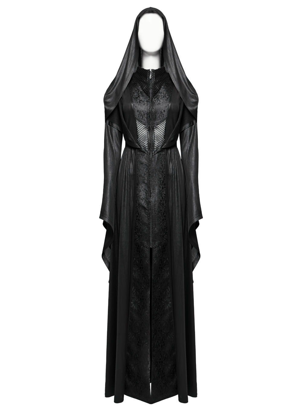 Dark witch long hooded cloak with 3D pleats and jacquard fabric, featuring enchanting gothic design and tailored fit.