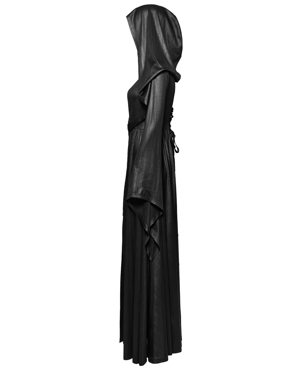 Dark Witch Hooded Cloak with 3D Pleats and Jacquard, Side View. Mystical Gothic Coat in Black for an Enchanting Look.