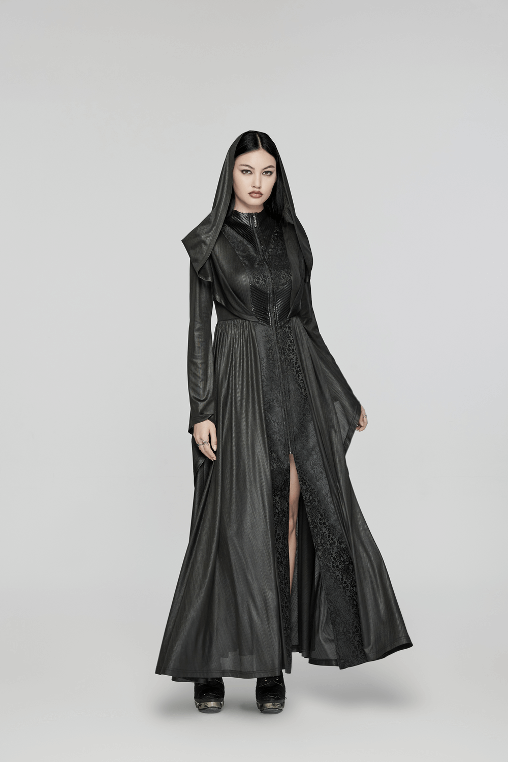 Enchanting Dark Witch Hooded Cloak with 3D Pleats and Jacquard Fabric for a Gothic Look