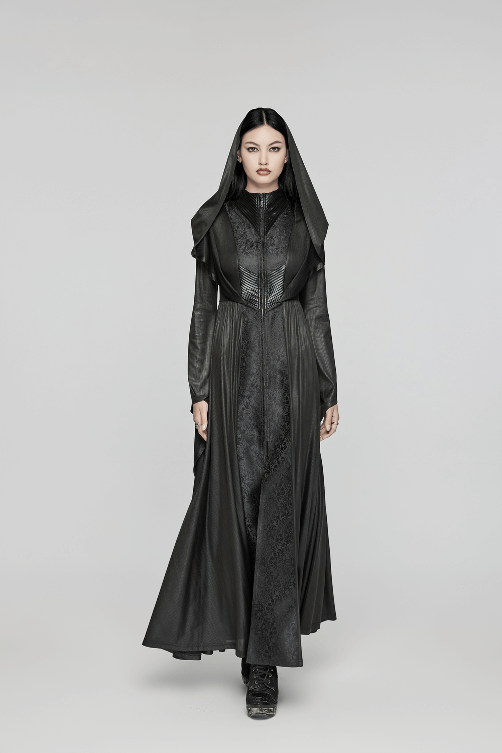 Enchanting Goth dark witch long hooded cloak with 3D pleats and jacquard fabric, adding mystique to gothic wardrobe.