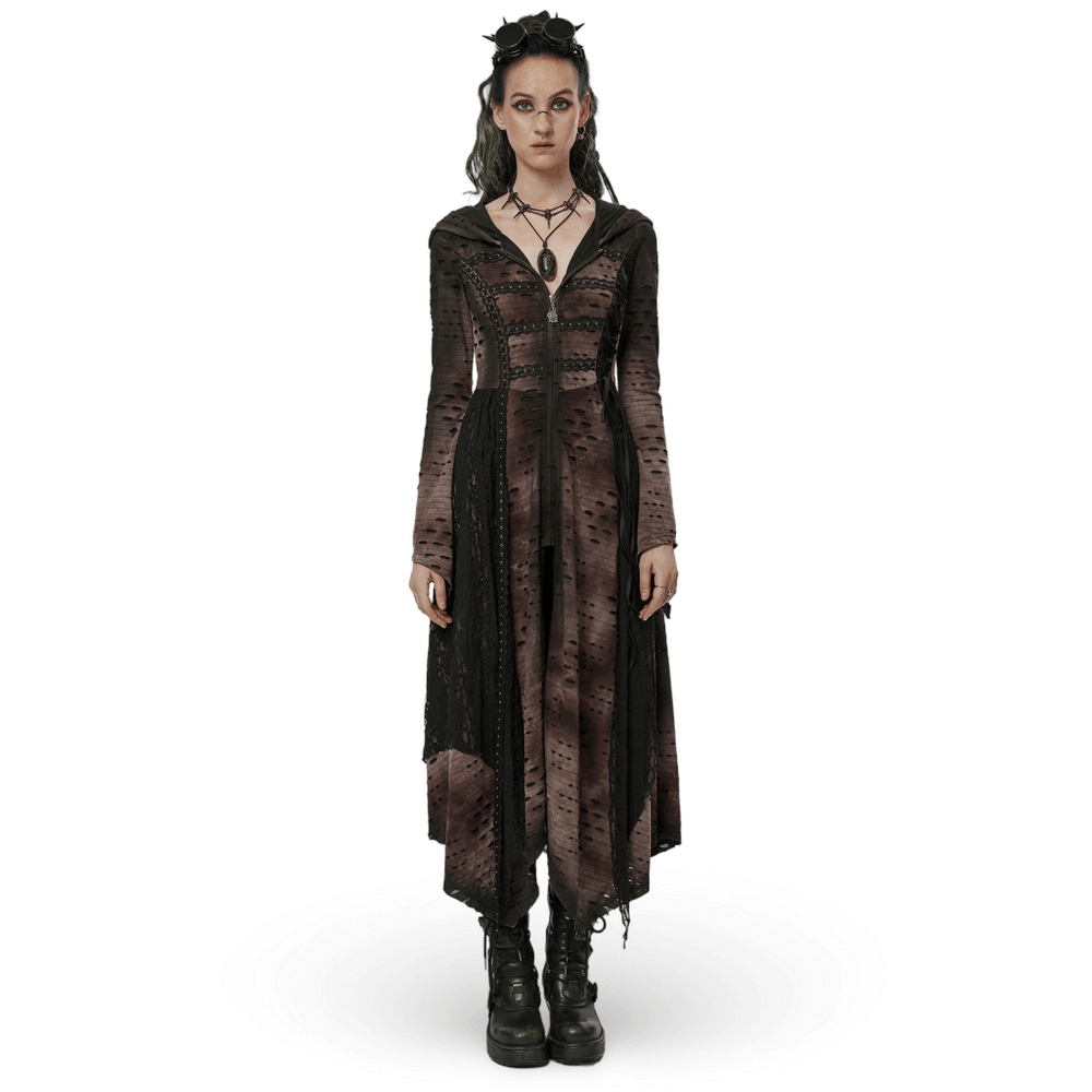 Dark wizard hooded long coat with irregular hem, rivets, and lace, embodying mystery and ancient lore.