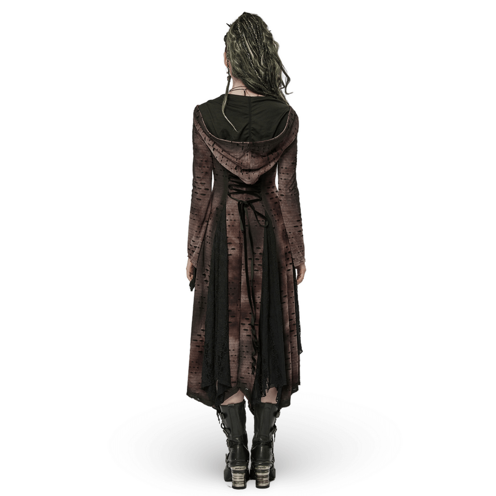 Dark Wizard Hooded Long Coat with jagged hem, viewed from the back, showcasing stylish rivets and lace details.