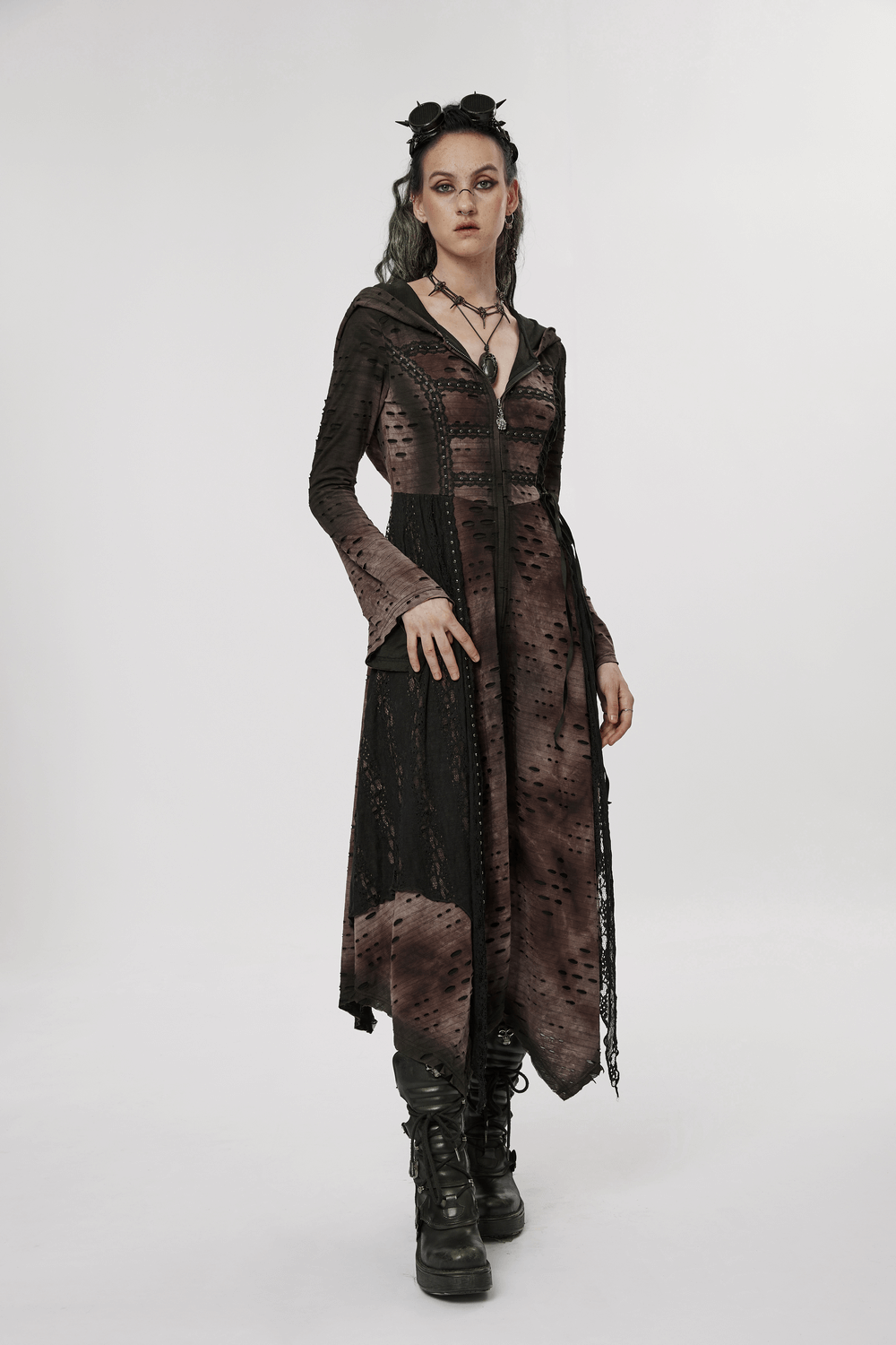 Dark Wizard Hooded Coat with irregular hem, rivets, and lace, embodying mystery and enchantment.