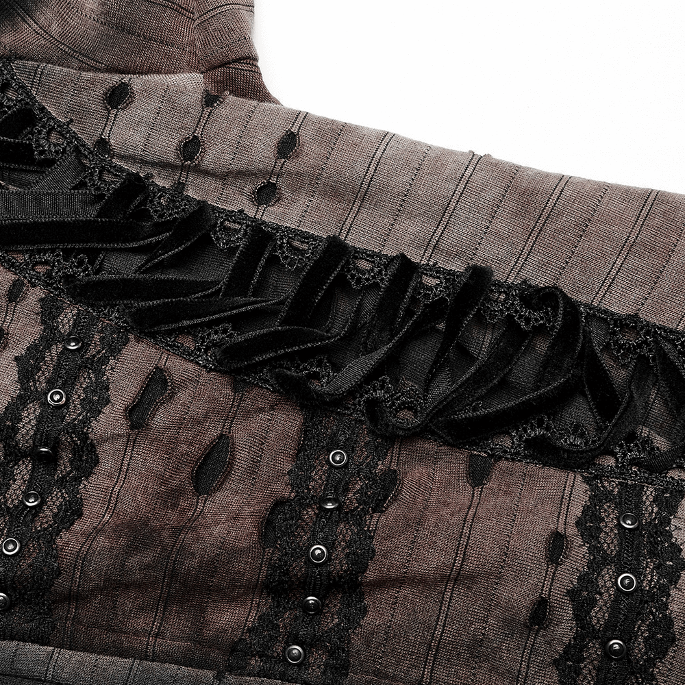 Close-up of dark wizard coat with lace mesh, intricate rivets, and a ruffled velvet detail, embodying mystic elegance.