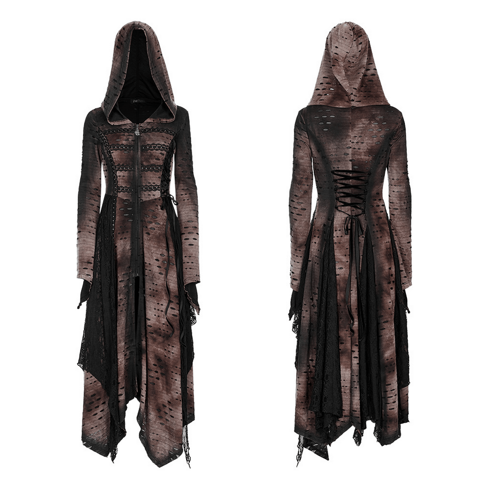 Dark Wizard Hooded Long Coat with irregular hem, rivets, and lace details for a mystical look.