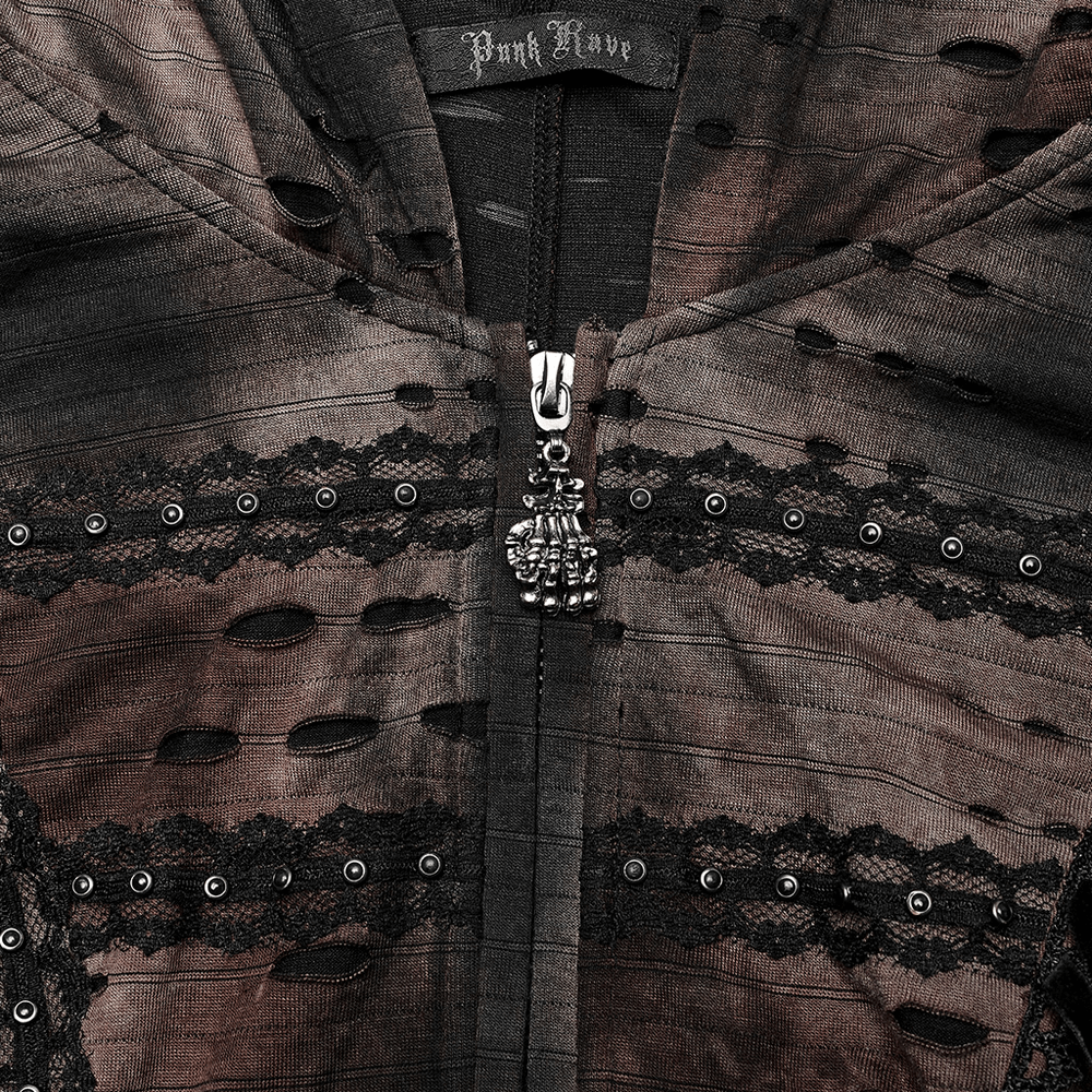 Dark Wizard Hooded Coat zipper detail, featuring rivets and lace accents for a mystical look.