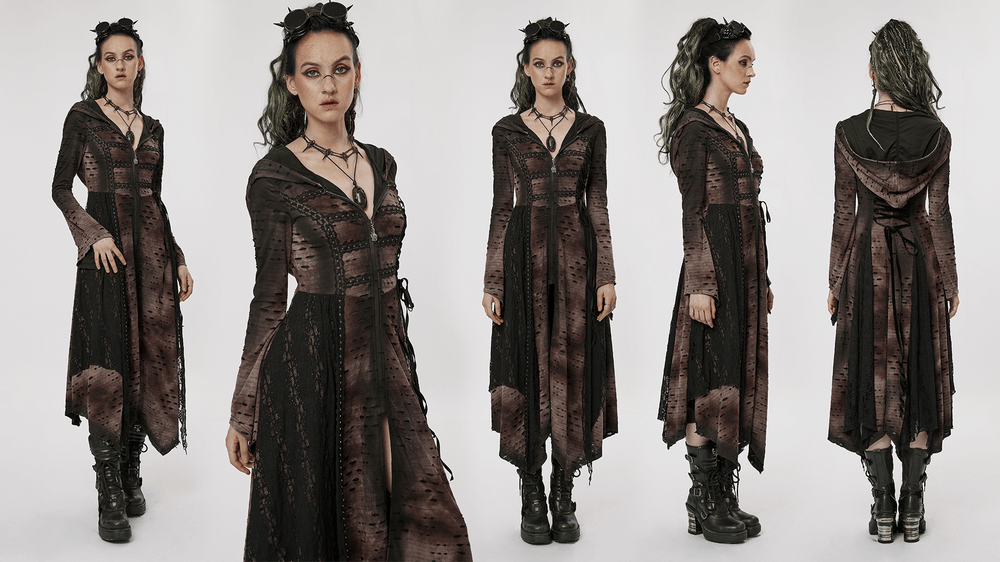 Dark wizard hooded long coat featuring an irregular hem, rivets, and lace mesh, perfect for mystical adventures.