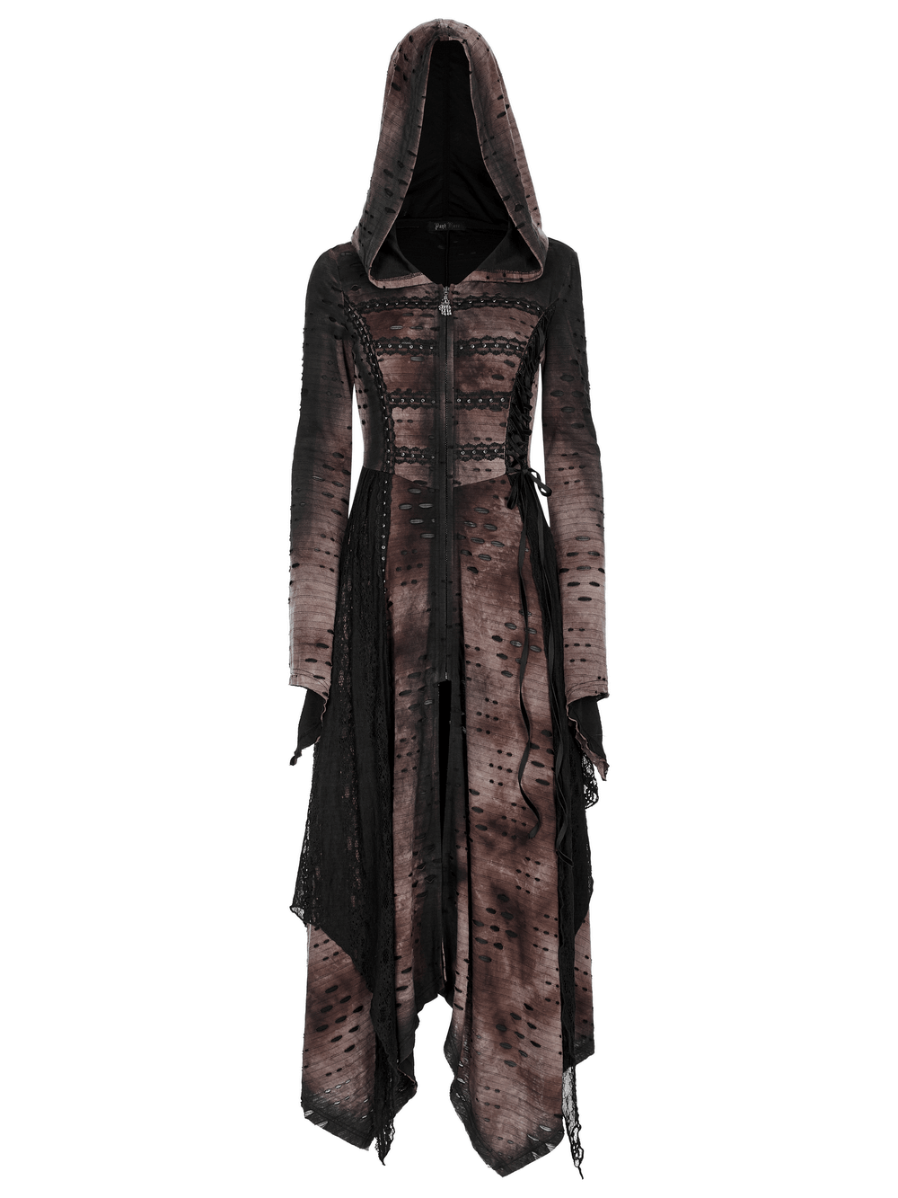 Dark wizard hooded long coat with irregular hem, rivets, and lace details, perfect for enchanting looks.