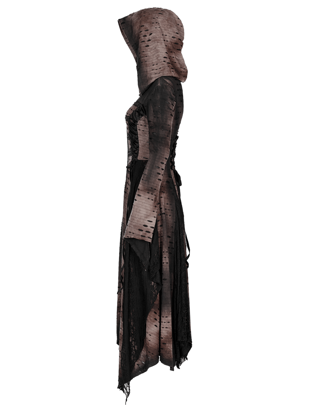 Side view of the Dark Wizard Hooded Long Coat, featuring a jagged hem and oversized hood, perfect for mystical adventures.