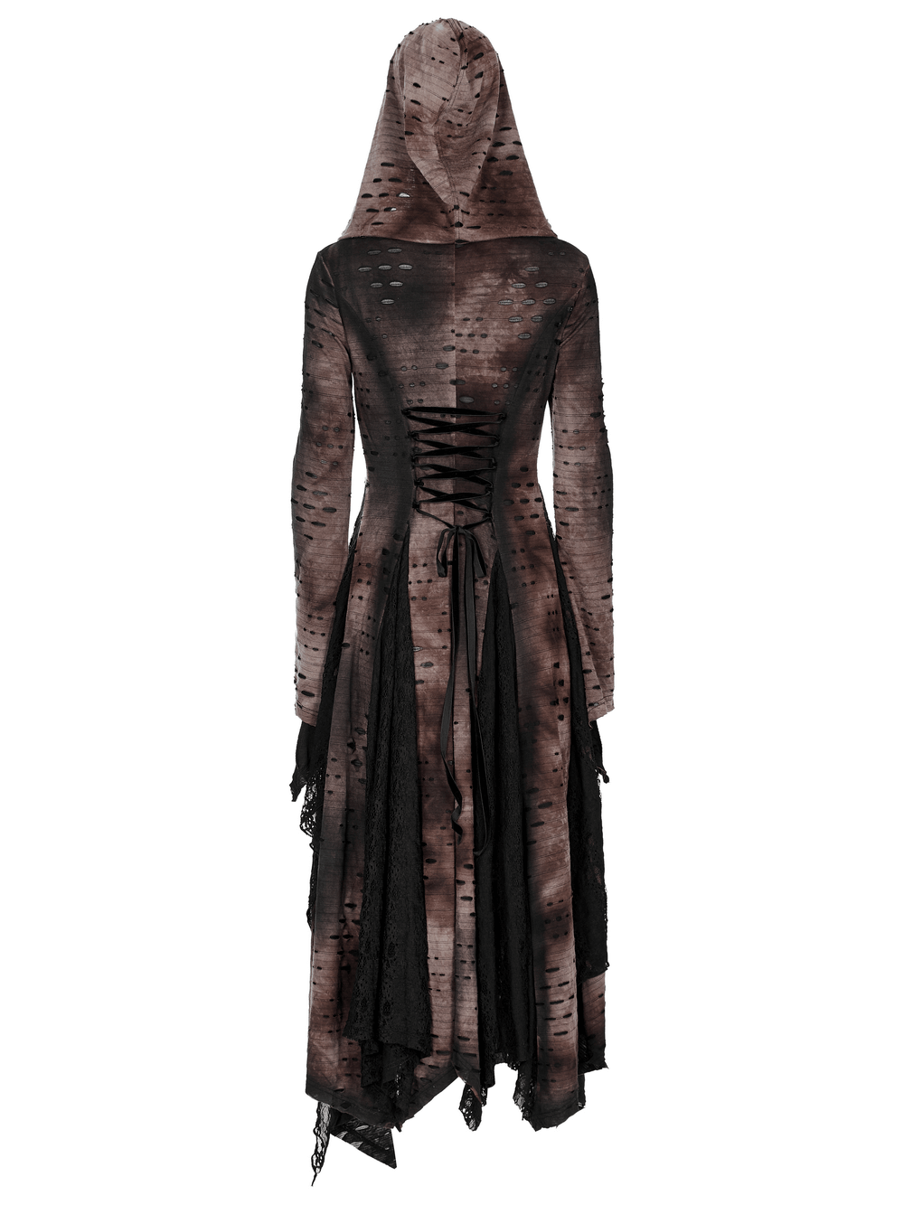 Dark Wizard hooded long coat with jagged hem, rivets, and lace mesh back for a mystical vibe.