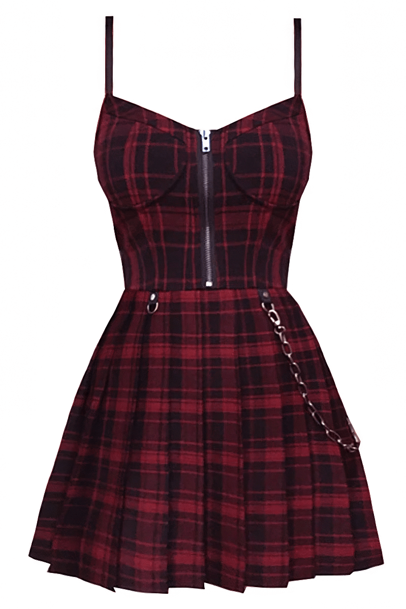 Dark women's gothic plaid dress with high waist, spaghetti straps, and cool chain detail - perfect for edgy style!