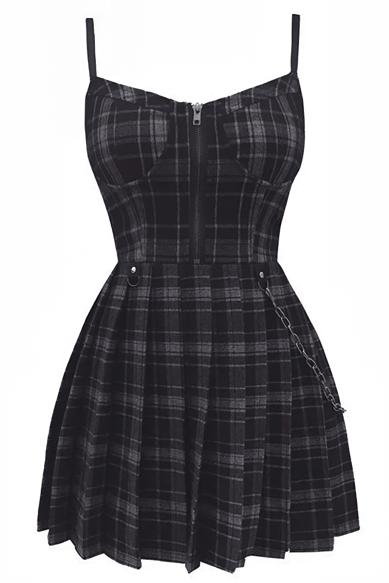 Dark women's gothic dress with pleated A-line silhouette and zippers, perfect for edgy outfits.