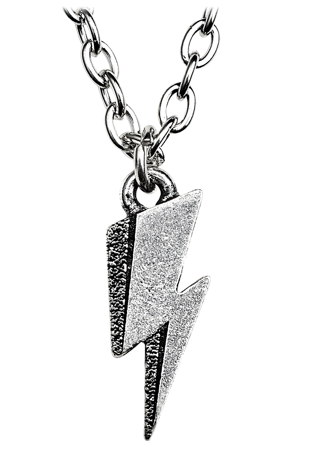 David Bowie-inspired lightning bolt pewter pendant on a chain, perfect for glam rock lovers and music fans.