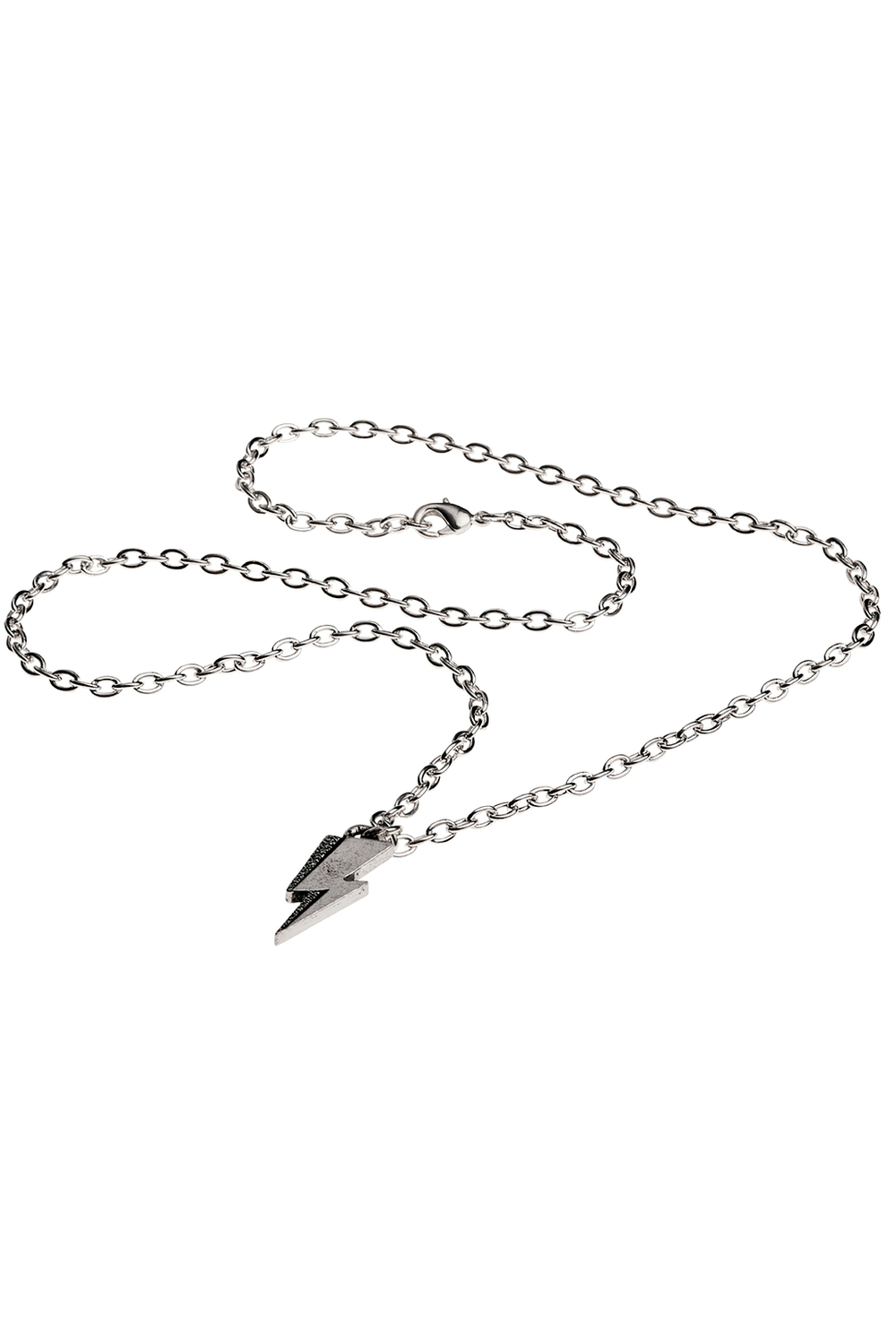 David Bowie flash pendant on chain, retro rock style in pewter finish, perfect for glam rock fans.