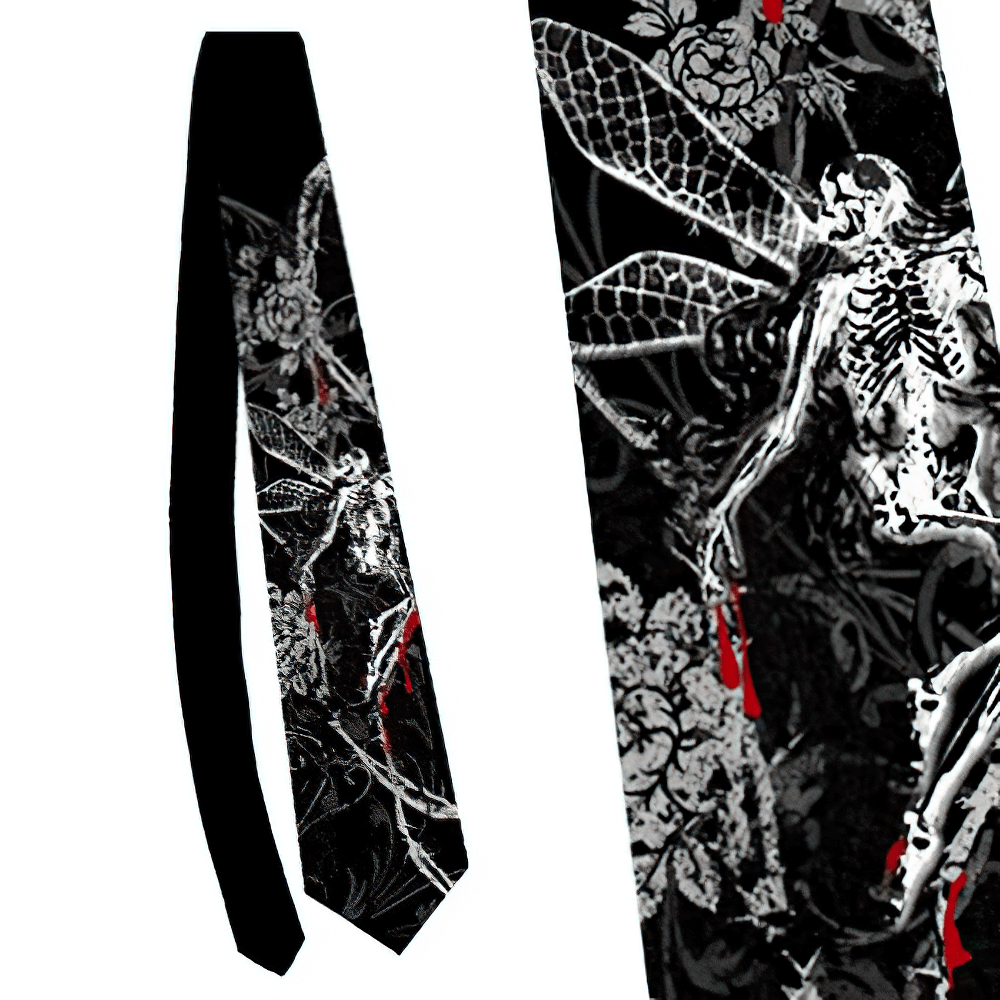 Dead Fairy Gothic Silk Screen Printed Black Polyester Tie showcasing a dark, gothic design with haunting imagery and bold colors.