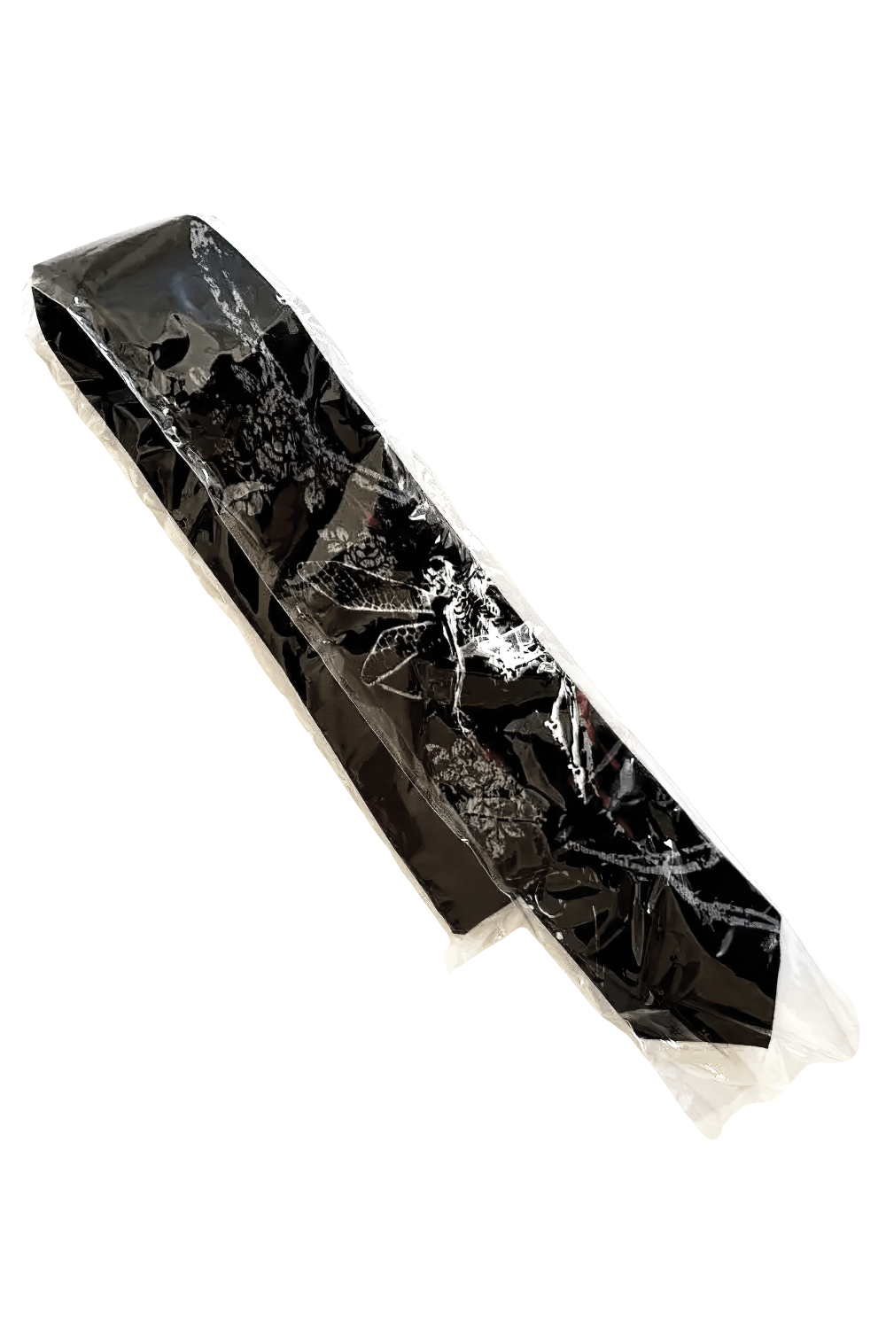 Dead Fairy Gothic Silk Screen Printed Black Polyester Tie in packaging, showcasing dark alchemy gothic design.