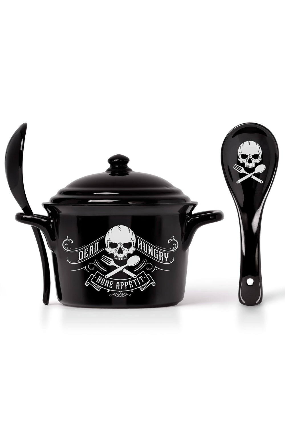 Dead Hungry gothic cauldron bowl and spoon set featuring skull design and 'Bone Appetit' artwork.