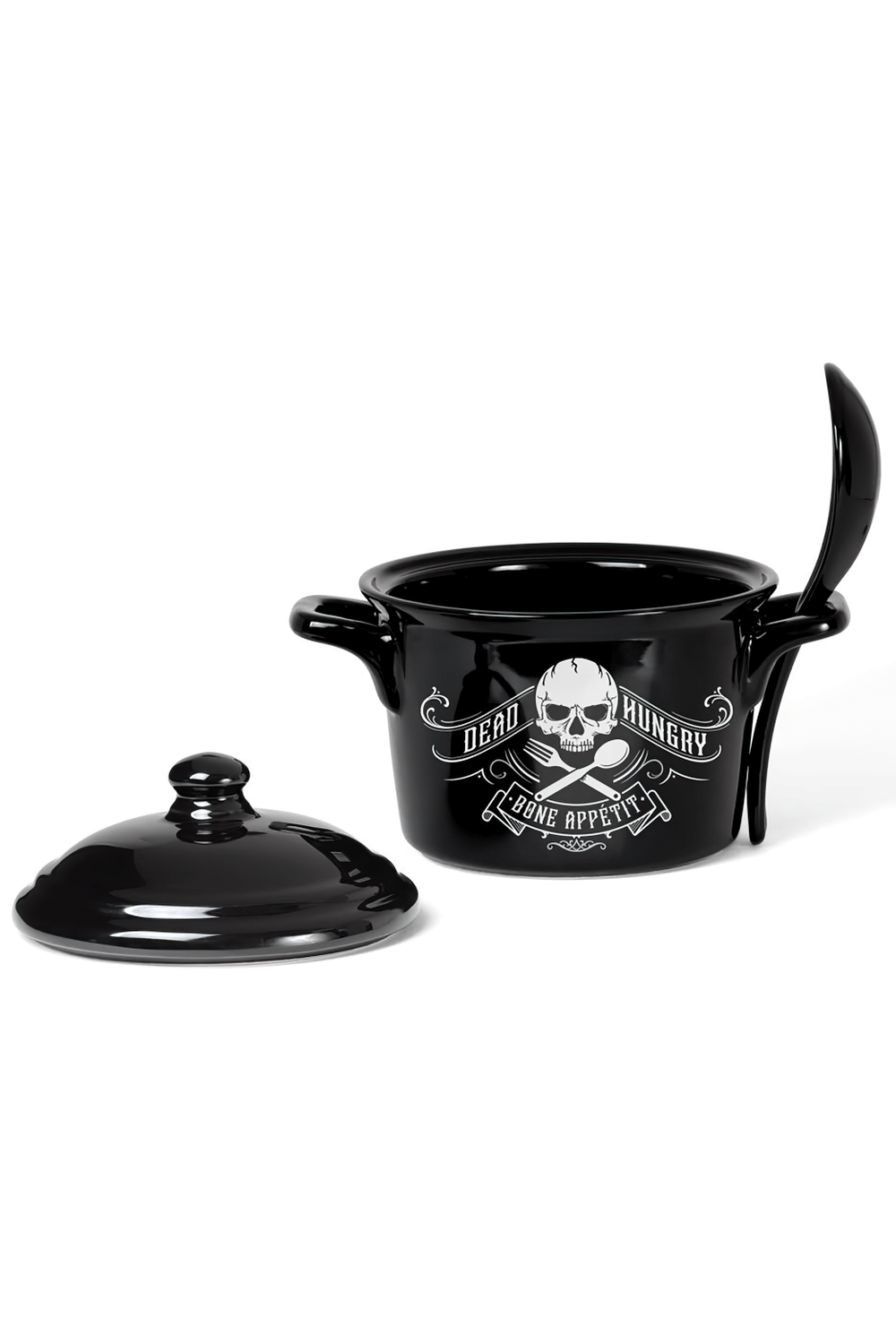 Dead Hungry Gothic Cauldron Bowl with Skull Design and Spoon Set by Alchemy for bold table statements.
