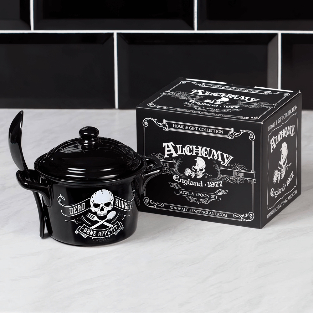 Dead Hungry Gothic Cauldron Bowl with Spoon Set by Alchemy; perfect for bold dining and stylish serving.