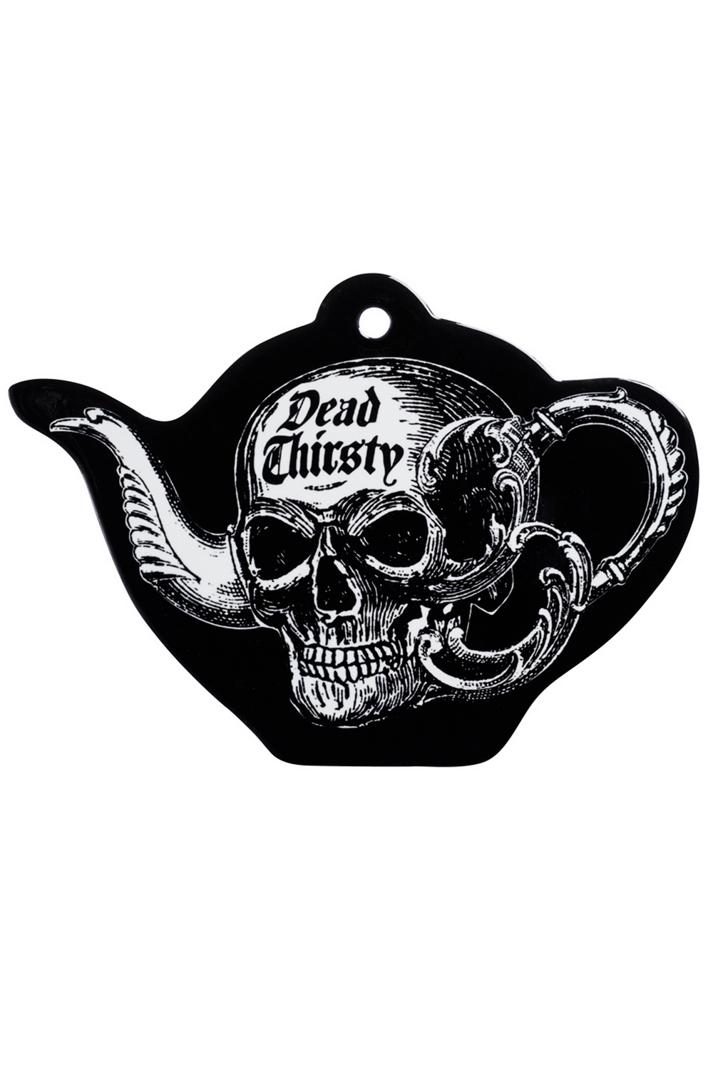 Baroque skull 'Dead Thirsty' teapot coaster design for dark kitchens and gothic decor.