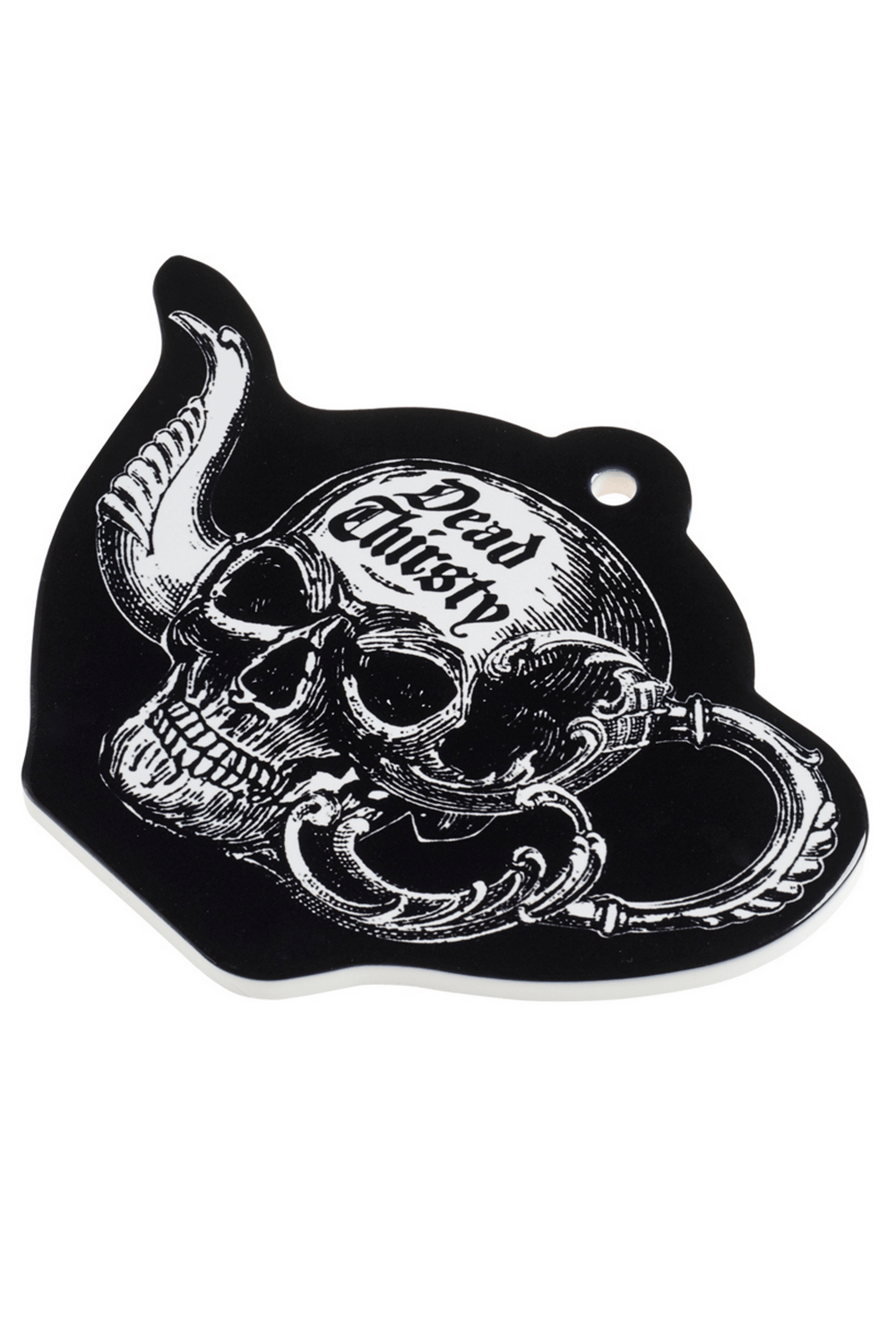 Baroque skull teapot-shaped coaster labeled 'Dead Thirsty' for dark kitchen decor.