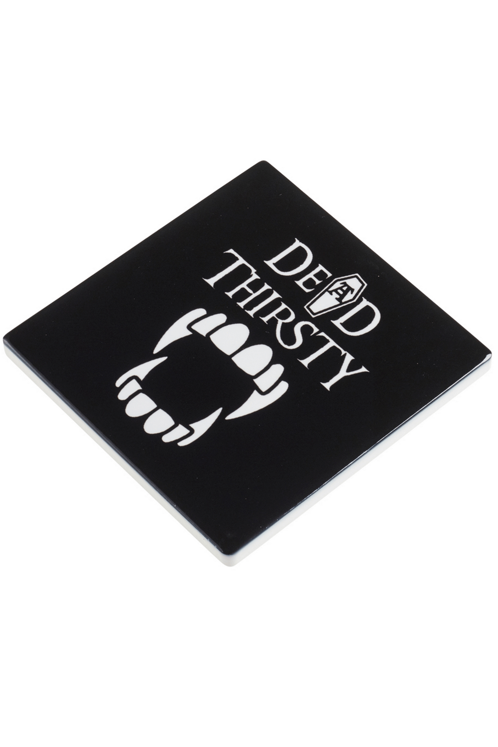 Black coaster featuring vampire teeth and 'Dead Thirsty' text, perfect for gothic home decor.