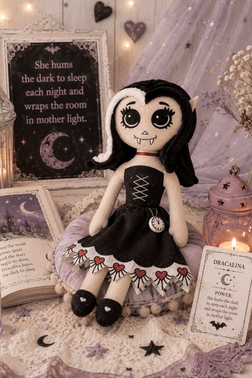Dead Under The Bed Vampire Plush Doll Keepsake on a whimsical nighttime display with books and decorations.