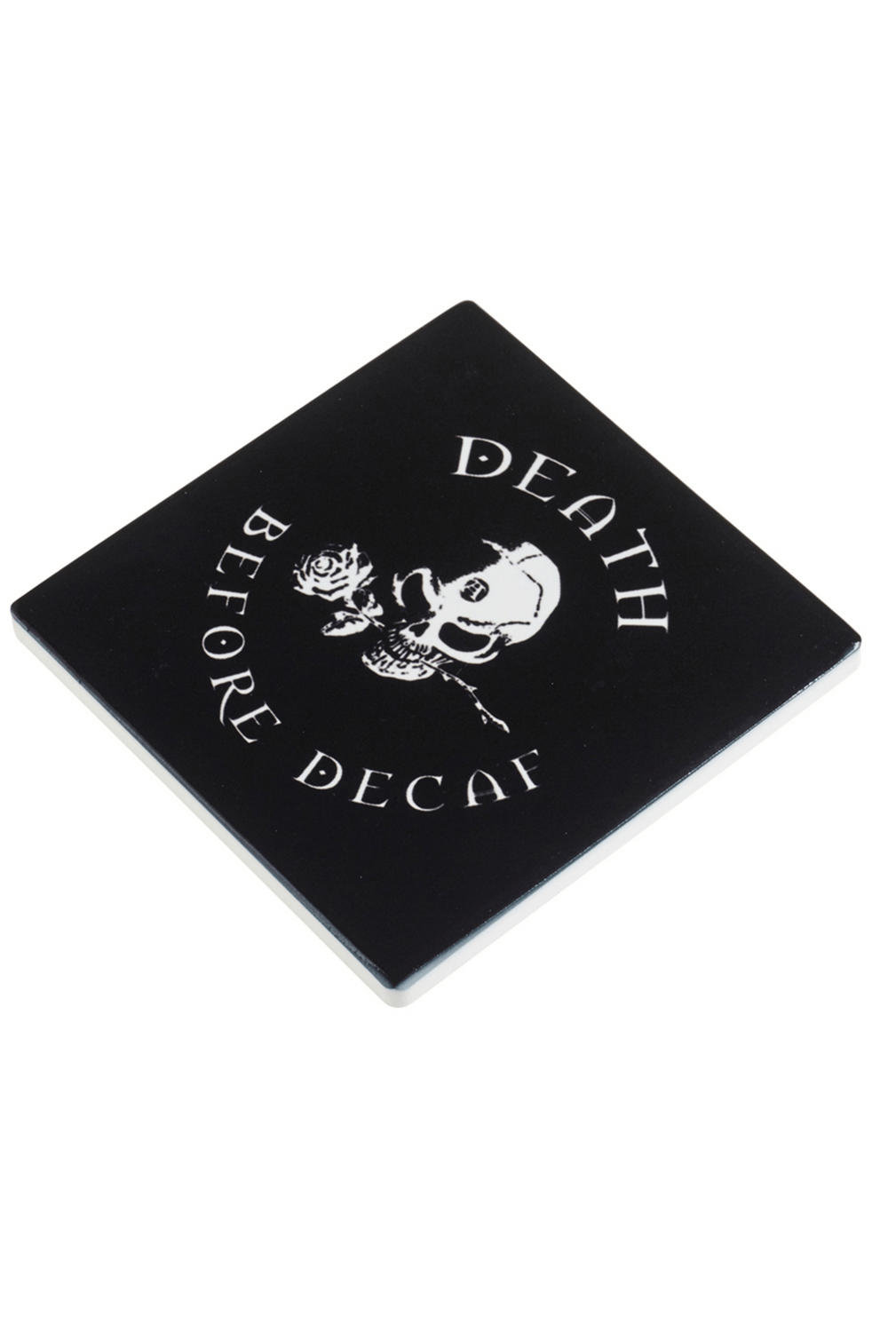 Stylish 'Death Before Decaf' skull coaster with rose design, perfect for coffee lovers and adding gothic charm.