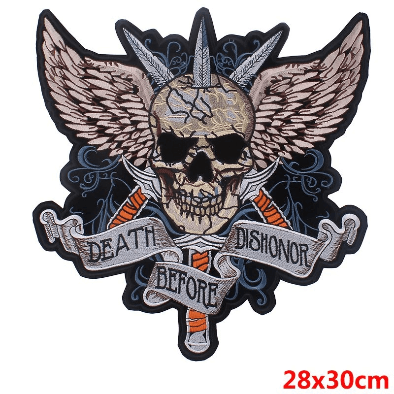 Large embroidered biker patch featuring a skull with wings and swords, perfect for jackets and accessories.