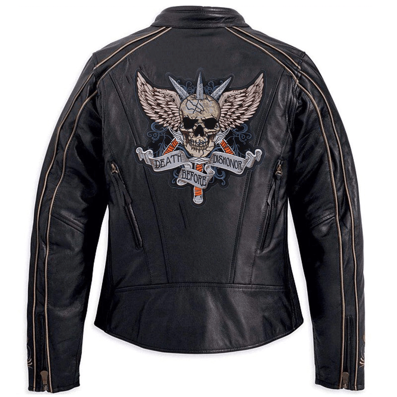 Death Before Dishonor embroidered patch on black biker jacket featuring skull and wings design.