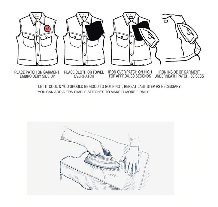 Instructions for applying an iron-on patch on jackets, demonstrating placement and ironing technique.