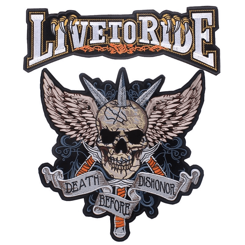 Embroidered biker patch featuring a skull with wings and 'Death Before Dishonor' text for jackets and clothing.