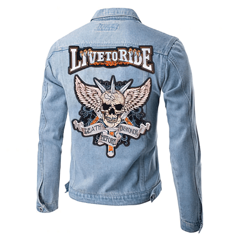 Live to Ride denim jacket featuring a large embroidered Death Before Dishonor patch with skull and wings design.