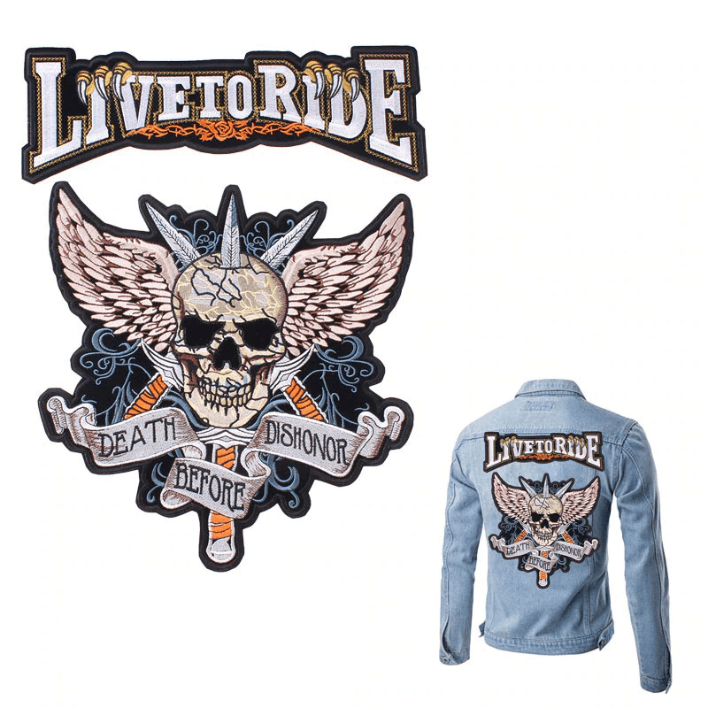 Large embroidered Death Before Dishonor patch showing a skull with wings for biker jackets and accessories.