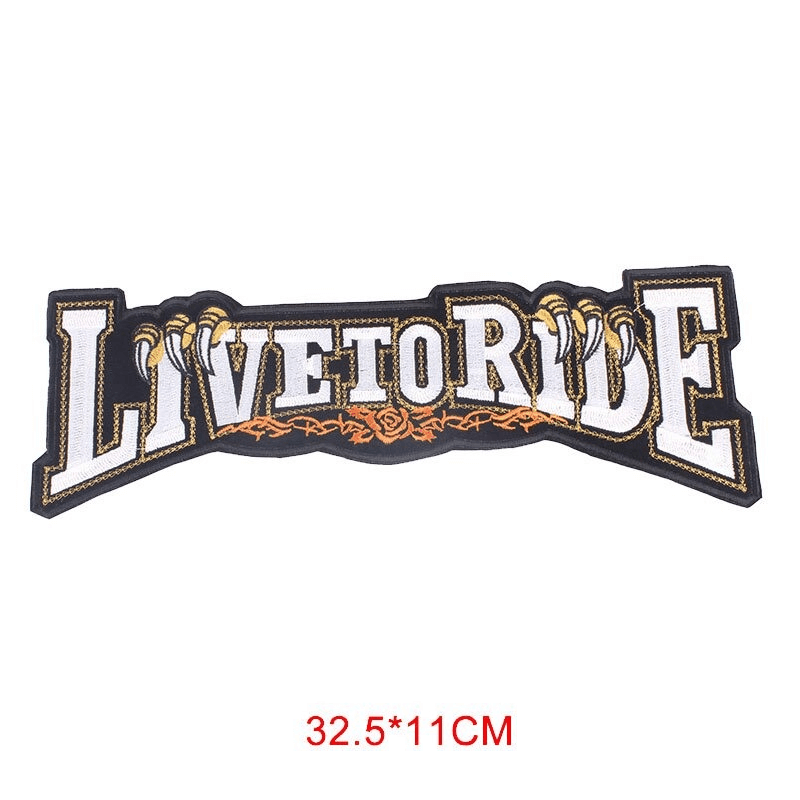 Live to Ride embroidered biker patch, 32.5x11cm, perfect for jackets and clothing accessories.
