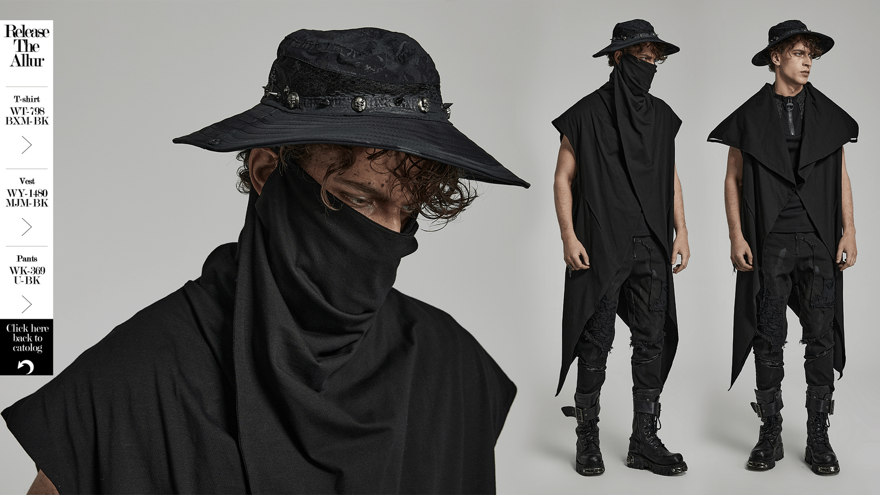 Stylish model wearing a distressed woven hat with adjustable brim, showcasing a bold post-apocalyptic look.