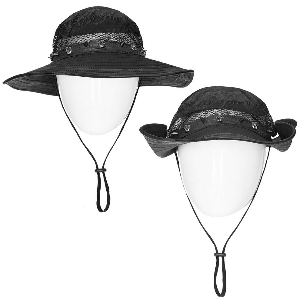 Decadent distressed woven hat with adjustable brim, featuring breathable mesh and snap buttons for versatility.