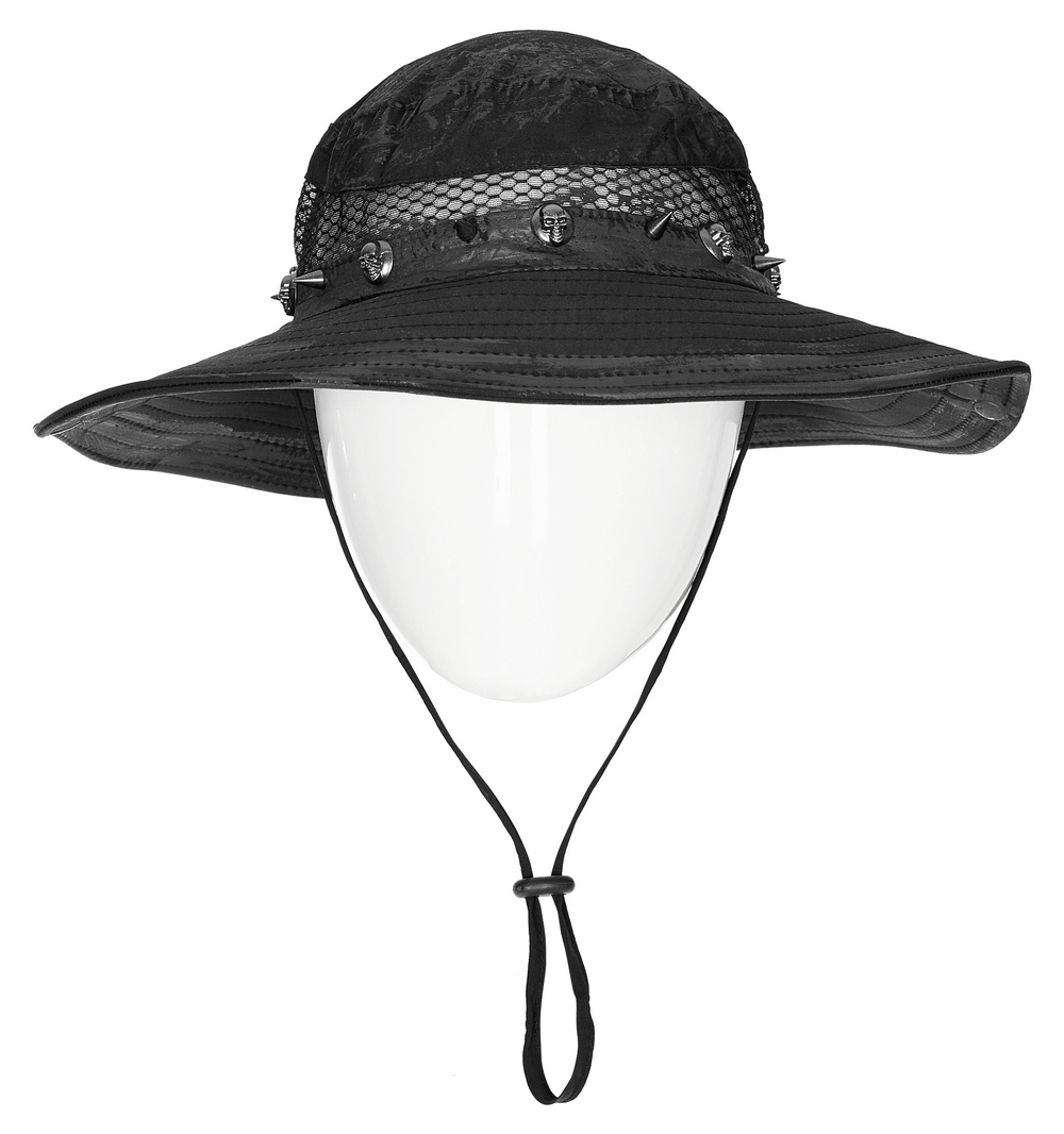 Decadent distressed woven hat with adjustable brim, featuring mesh detailing for breathability and rugged style.