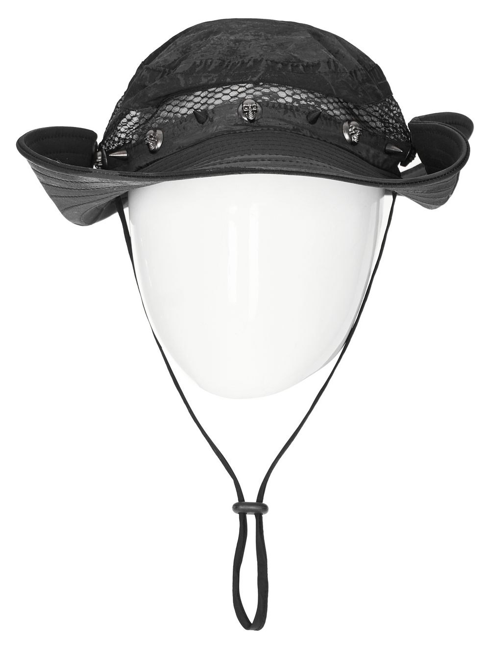 Decadent distressed woven hat with mesh detailing and adjustable brim for rugged post-apocalyptic style.