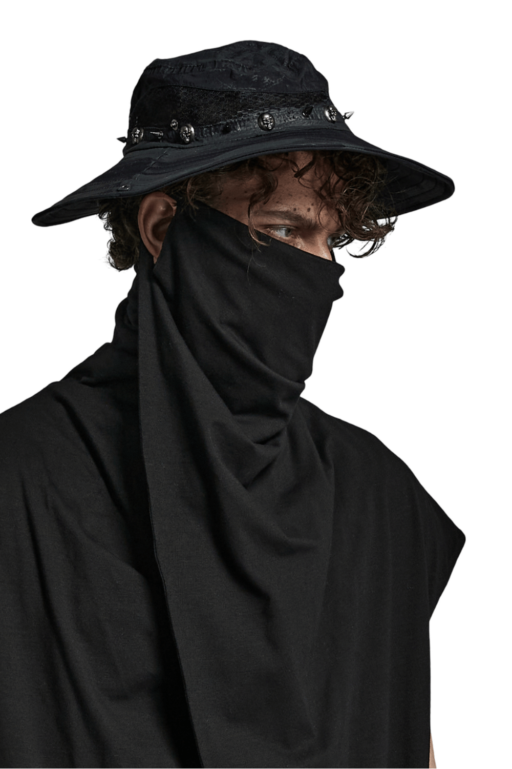 Man wearing a distressed woven hat with adjustable brim and a black face covering, showcasing rugged post-apocalyptic style.