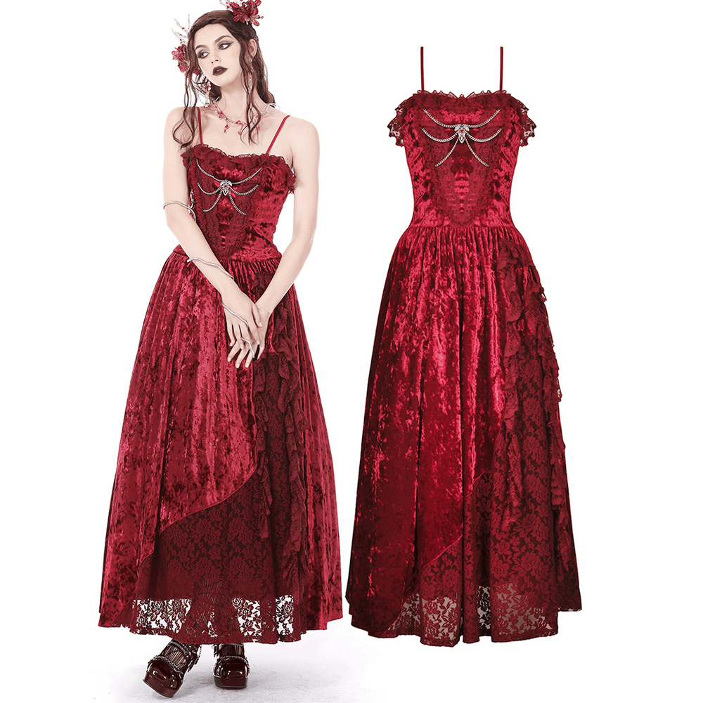 Deep red velvet maxi dress with cross bodice, gothic elegance for formal events or dramatic everyday wear.