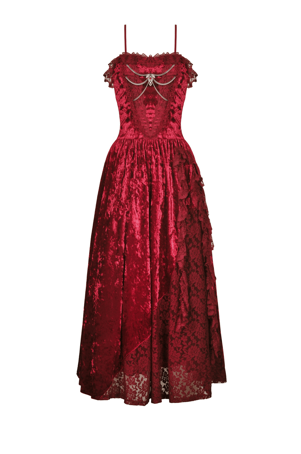 Deep red velvet maxi dress with cross front detail, featuring dramatic bodice and elegant lace accents.
