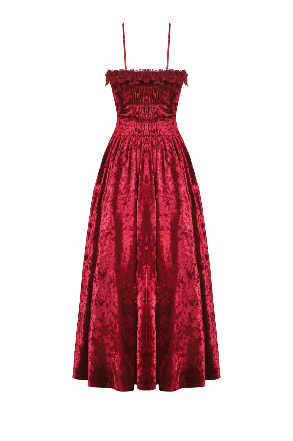 Deep red velvet maxi dress with cross front detail, embodying gothic elegance and romance.