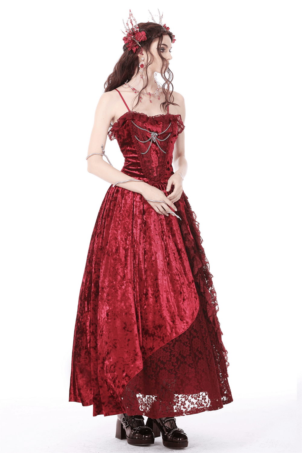 Gothic Victorian deep red velvet maxi dress with cross front detail, perfect for dramatic elegance at any occasion.