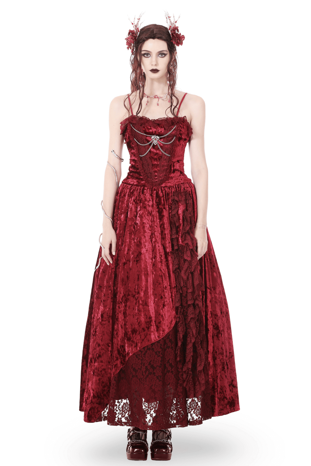 Elegant gothic red velvet maxi dress with dramatic cross bodice detail, perfect for formal events or a dramatic look.