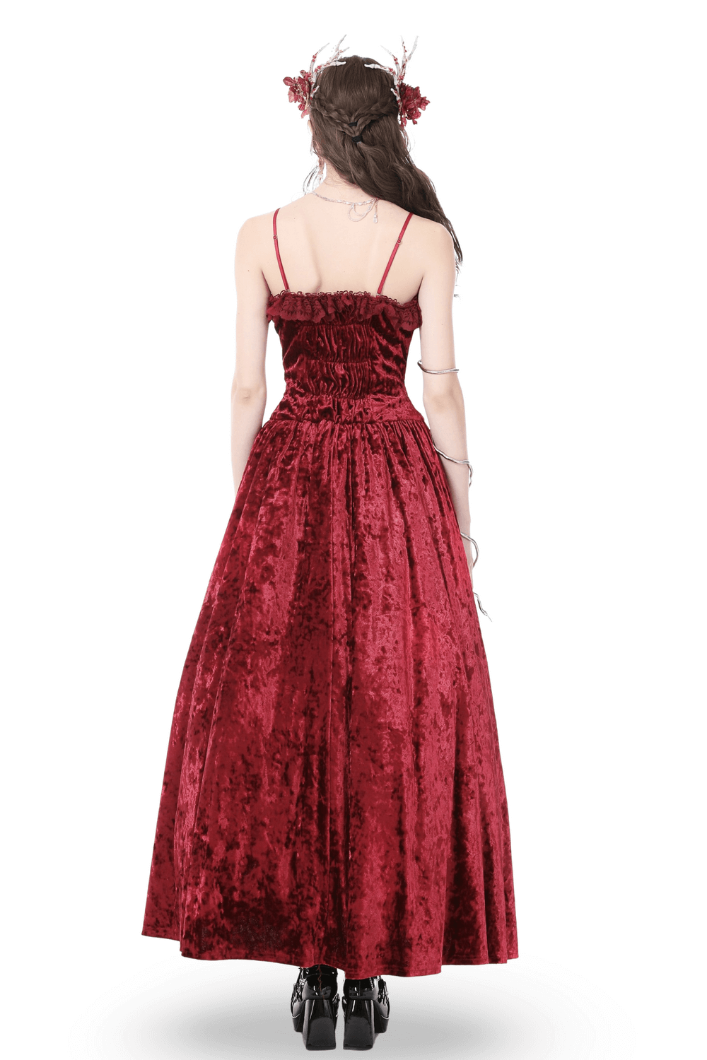 Back view of deep red velvet maxi dress showcasing elegant cross bodice detail, perfect for gothic romance.