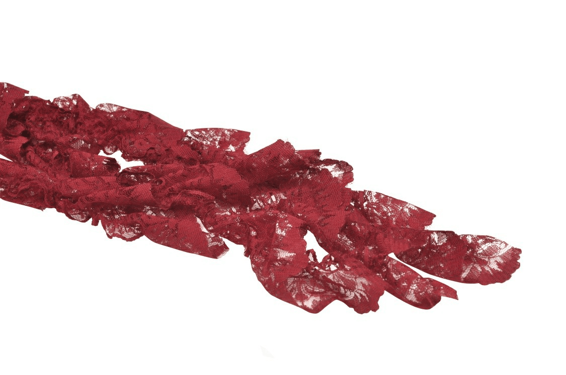 Luxurious deep red lace trim, perfect for adding elegant detail to gothic fashion or DIY projects.