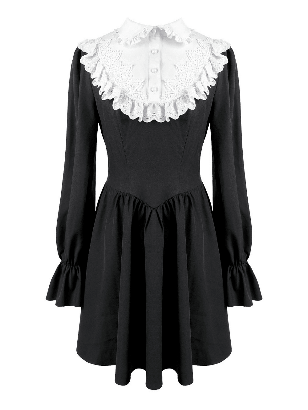 Delicate Lace Bib Flared Mini Dress with Long Sleeves