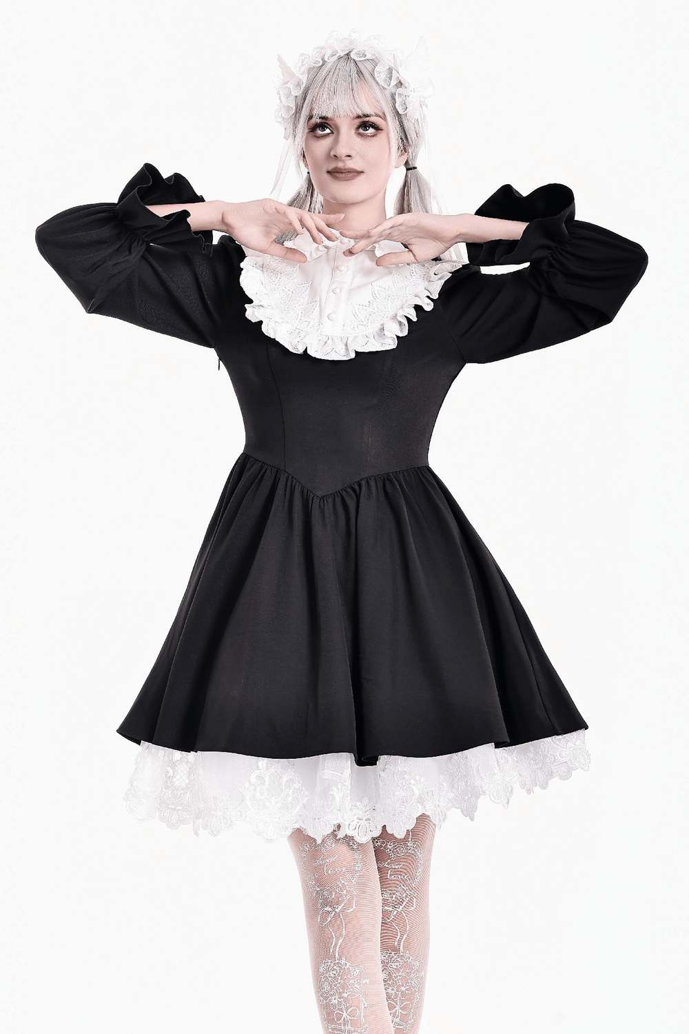 Delicate Lace Bib Flared Mini Dress with Long Sleeves